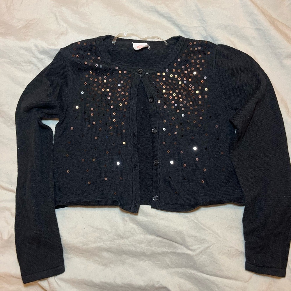 Wonder Nation Girls Black Sequin Cropped Cardigan Sweater Size M 7-8 Long Sleeve